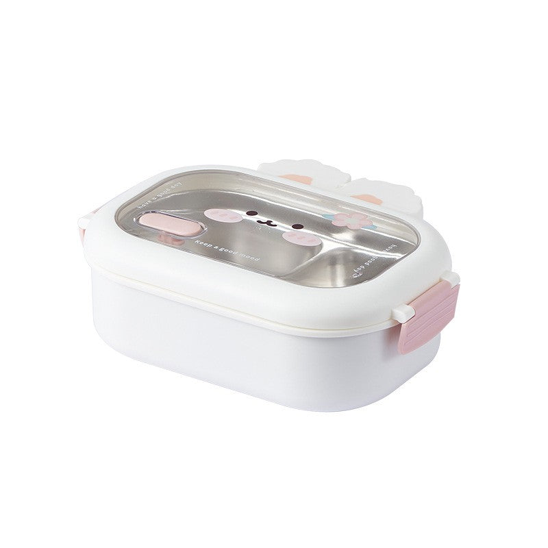Cutie pentru Pranz sau Gustari, Klevo, cu Doua Compartimente, Model Iepuras, pentru Copii si Adulti, Etansare, PP, Perfect pentru Scoala si Birou, 1000 mL, 22x17.8x8 cm, Alb