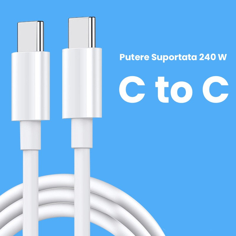 Cablu de Date pentru Telefon, Klevo, Cablu TYPE-C to TYPE-C Universal, Compatibil cu iOS si Android, Putere Suportata 240W, Fire 160 cupru, 1M, Simplu, Alb