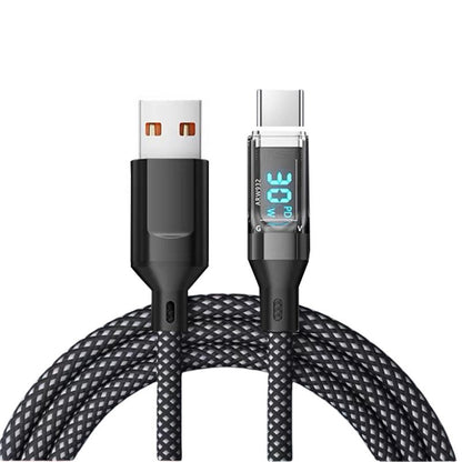 Cablu de Date Type C + USB, Klevo, Încarcare Super Rapida, 120 W, Afișaj Digital LED, 1 m, Negru