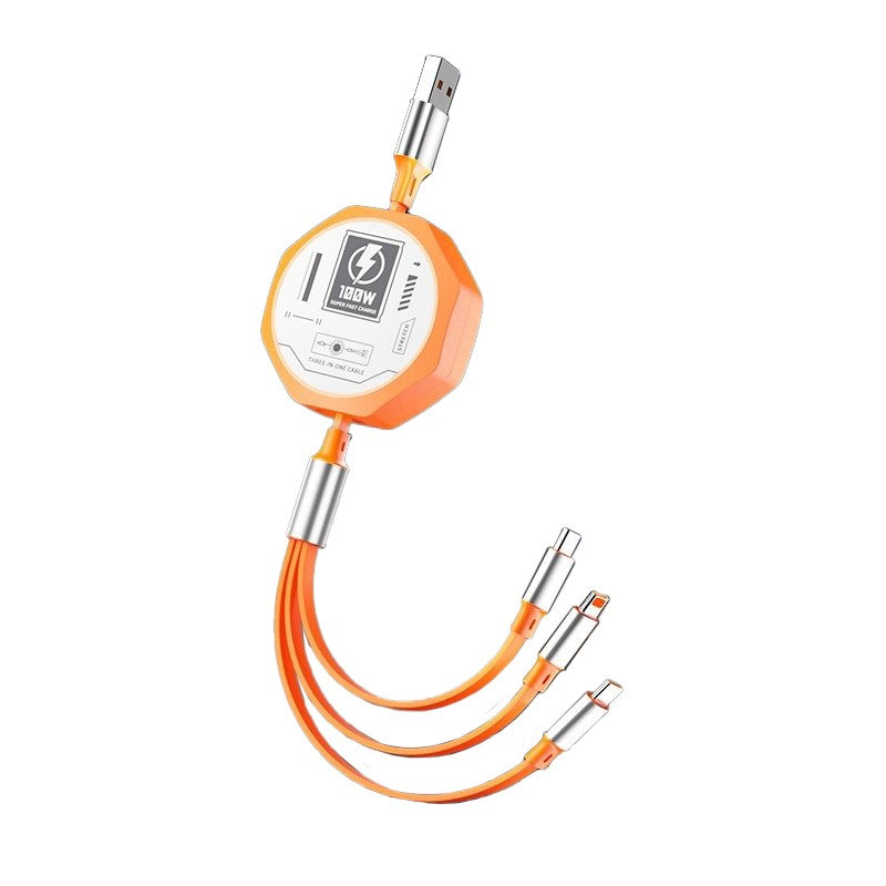 Cablu Retractabil 3in 1 pentru Telefon, Klevo, Cablu de incarcare rapida 100W, stil Mecha, potrivit pentru Auto, Universal 1.2M, Portocaliu
