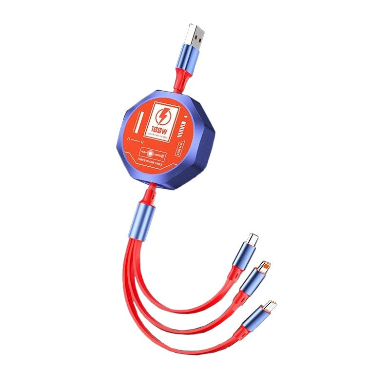Cablu Retractabil 3in 1 pentru Telefon, Klevo, Cablu de incarcare rapida 100W, stil Mecha, potrivit pentru Auto, Universal 1.2M, Rosu Albastru