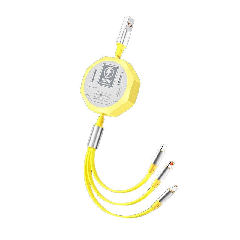 Cablu Retractabil 3in 1 pentru Telefon, Klevo, Cablu de incarcare rapida 100W, stil Mecha, potrivit pentru Auto, Universal 1.2M, Galben