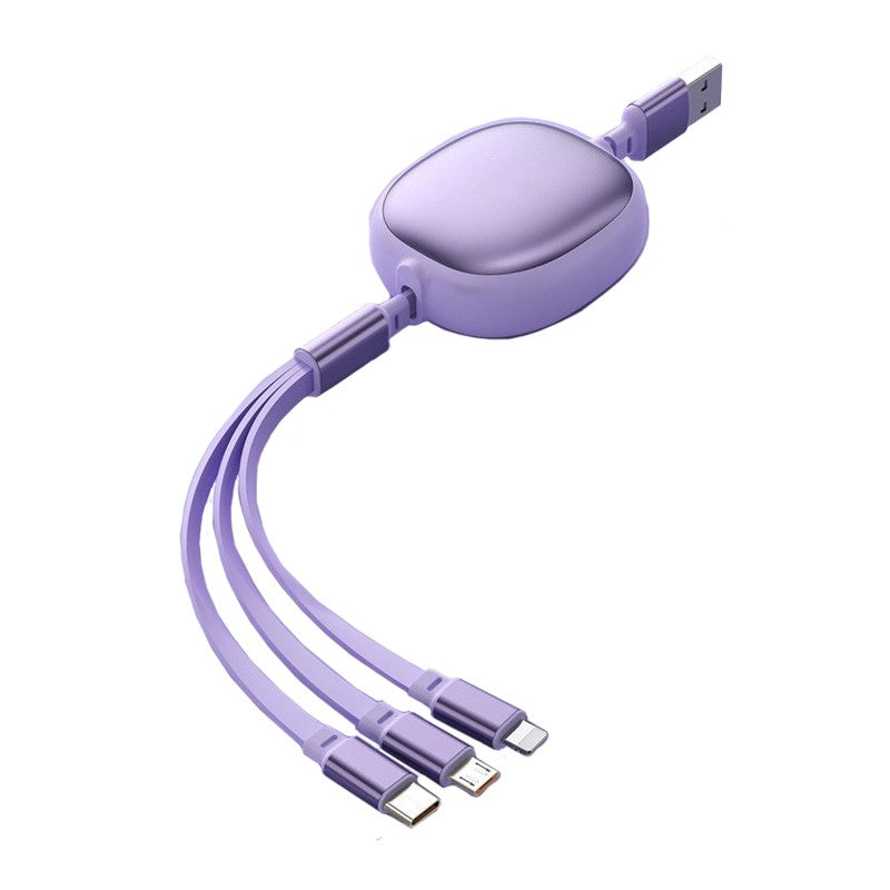 Cablu Retractabil Universal pentru Telefon, Klevo, Universal 3in1 pentru Orice Tip de Telefon, Micro-USB, Lightning, TYPE-C, 1.2M, Mov