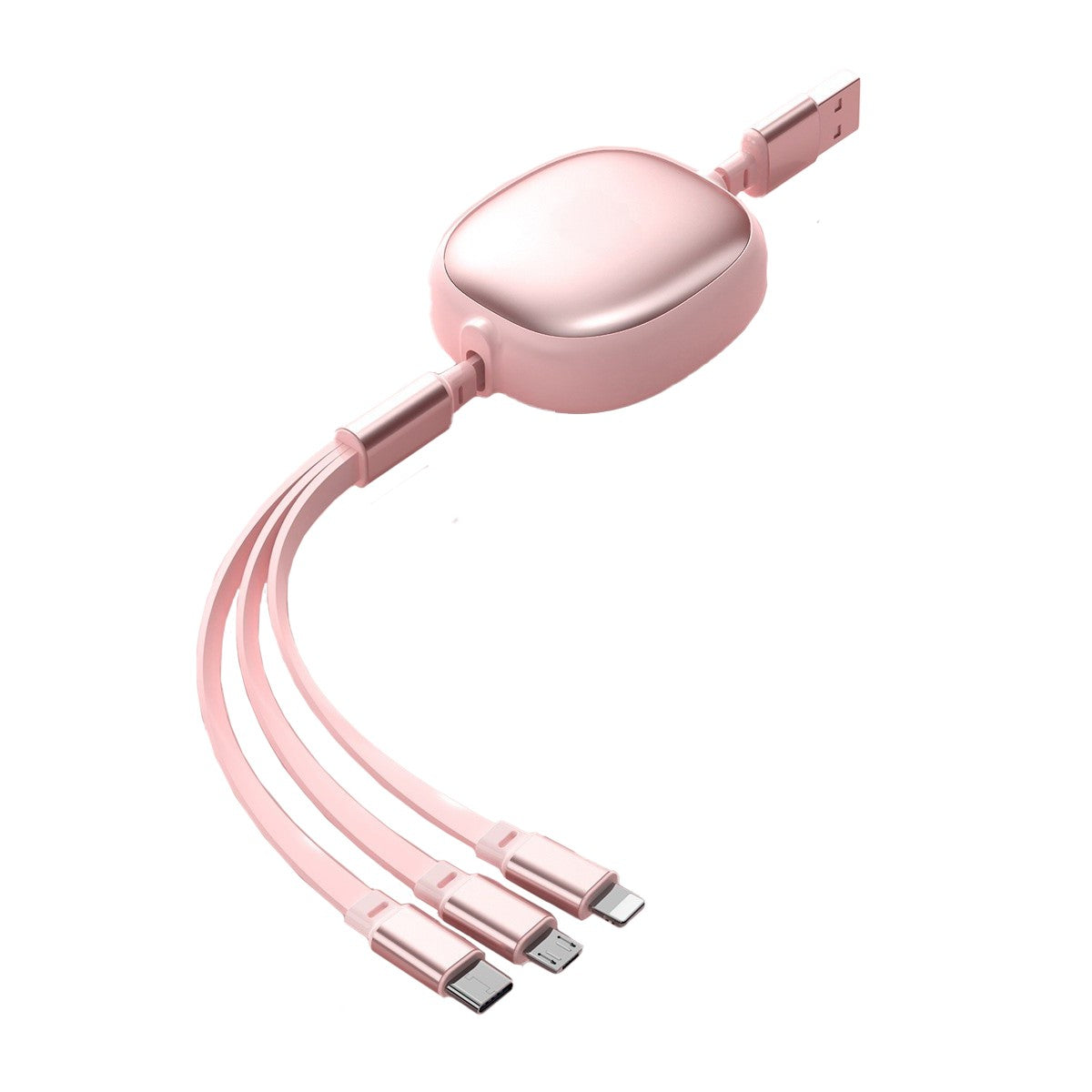 Cablu Retractabil Universal pentru Telefon, Klevo, Universal 3in1 pentru Orice Tip de Telefon, Micro-USB, Lightning, TYPE-C, 1.2M, Roz