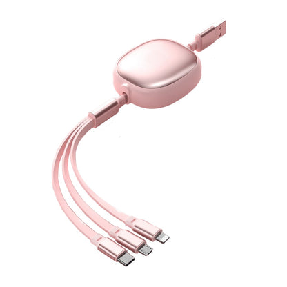 Cablu Retractabil Universal pentru Telefon, Klevo, Universal 3in1 pentru Orice Tip de Telefon, Micro-USB, Lightning, TYPE-C, 1.2M, Roz