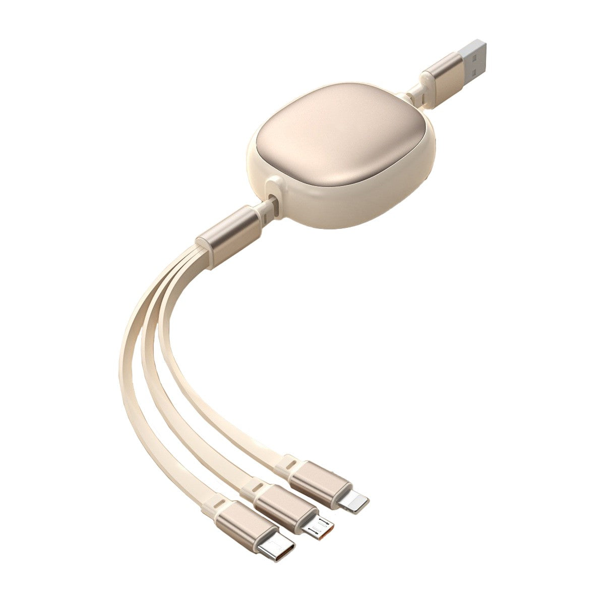 Cablu Retractabil Universal pentru Telefon, Klevo, Universal 3in1 pentru Orice Tip de Telefon, Micro-USB, Lightning, TYPE-C, 1.2M, Bej