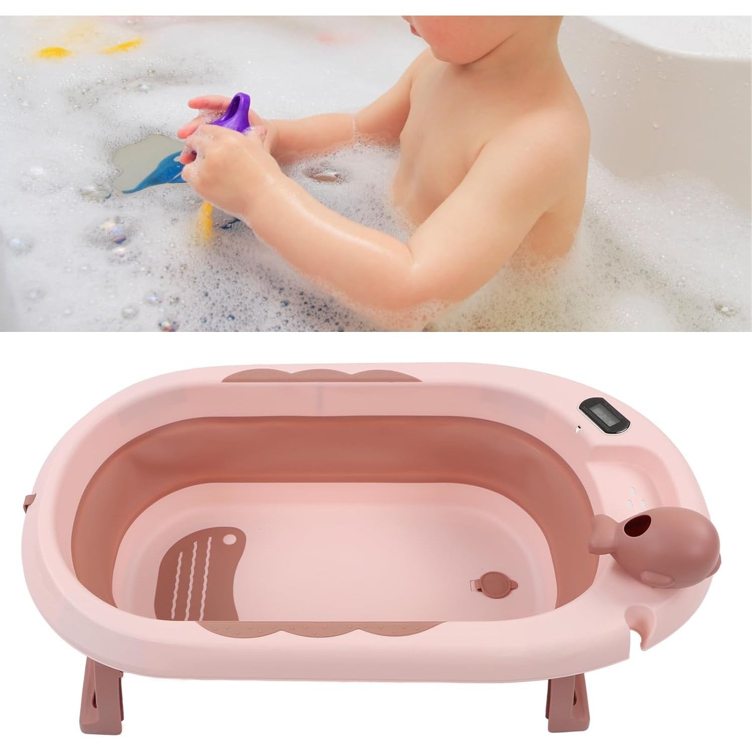 Cada de Baie, Klevo, pentru Copii 0 luni - 6 Ani, cu Termometru, Pliabila, Perna Suport Inclusa, din Plastic, 81.5 x 49 x 21.5 cm, Roz