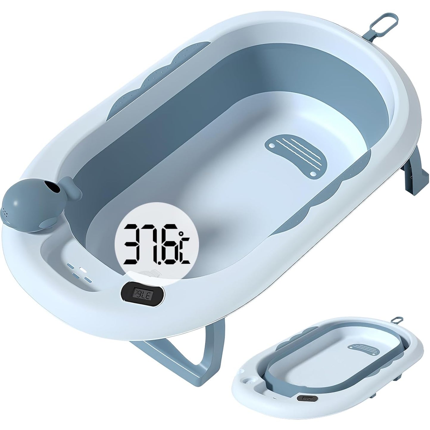 Cada de Baie, Klevo, pentru Copii 0 luni - 6 Ani, cu Termometru, Pliabila, Perna Suport Inclusa, din Plastic, 81.5 x 49 x 21.5 cm, Albastru