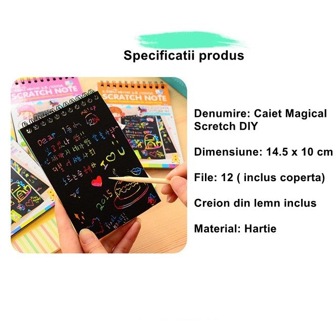 Caiet cu fise razuibile Klevo, DIY Magic Scratch, 12 File, Curcubeu, Creion din Lemn, Cartonase negre, 14.5 x 10 cm, verde