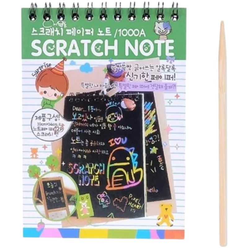 Caiet cu fise razuibile Klevo, DIY Magic Scratch, 12 File, Curcubeu, Creion din Lemn, Cartonase negre, 14.5 x 10 cm, verde