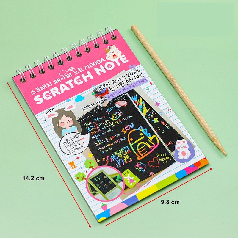 Caiet cu fise razuibile Klevo, DIY Magic Scratch, 12 File, Curcubeu, Creion din Lemn, Cartonase negre, 14.2 x 9.8 cm, Roz deschis