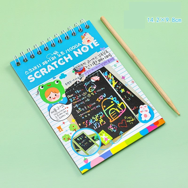 Caiet cu fise razuibile Klevo, DIY Magic Scratch, 12 File, Curcubeu, Creion din Lemn, Cartonase negre, 14.2 x 9.8 cm, Baby Blue