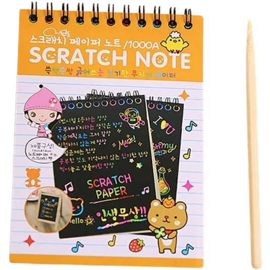 Caiet cu fise razuibile Klevo, DIY Magic Scratch, 12 File, Curcubeu, Creion din Lemn, Cartonase negre, 14.5 x 10 cm, portocaliu