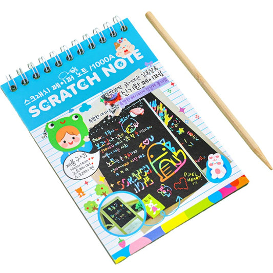 Caiet cu fise razuibile Klevo, DIY Magic Scratch, 12 File, Curcubeu, Creion din Lemn, Cartonase negre, 14.2 x 9.8 cm, Baby Blue