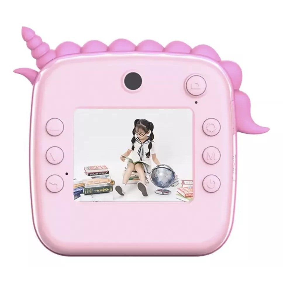 Camera Instantanee pentru Copii, Klevo, Camera Frontala + Selfie, cu Functie de Printare, Cablu USB-C, Bluetooth, Compatibil iOS/Android, Model Unicorn, Snur Inclus, Roz