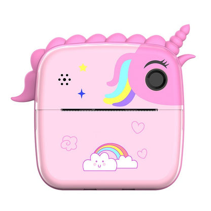 Camera Instantanee pentru Copii, Klevo, Camera Frontala + Selfie, cu Functie de Printare, Cablu USB-C, Bluetooth, Compatibil iOS/Android, Model Unicorn, Snur Inclus, Roz