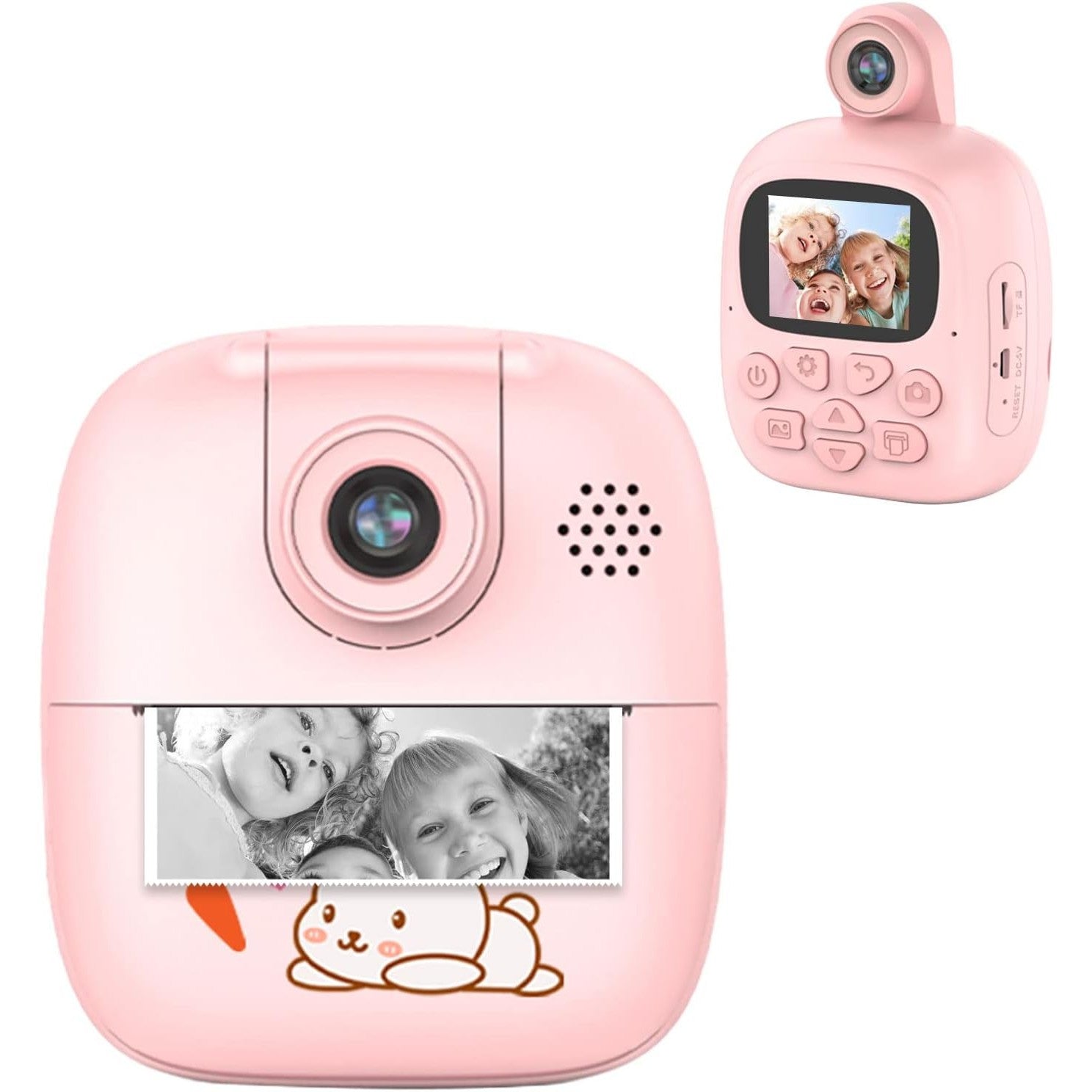 Camera Instantanee pentru Copii, Klevo, Camera Frontala + Selfie, cu Functie de Printare, Cablu USB-C, Bluetooth, Compatibil iOS/Android, Imprimare APP, Model Bunny, Roz