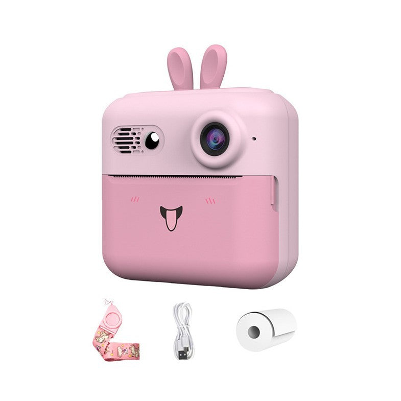Camera Instantanee pentru Copii, Klevo, cu Functie de Printare, Cablu USB-C, Bluetooth, Compatibil iOS/Android, Imprimare APP, Model Iepure, Snur de Agatat Inclus, Roz