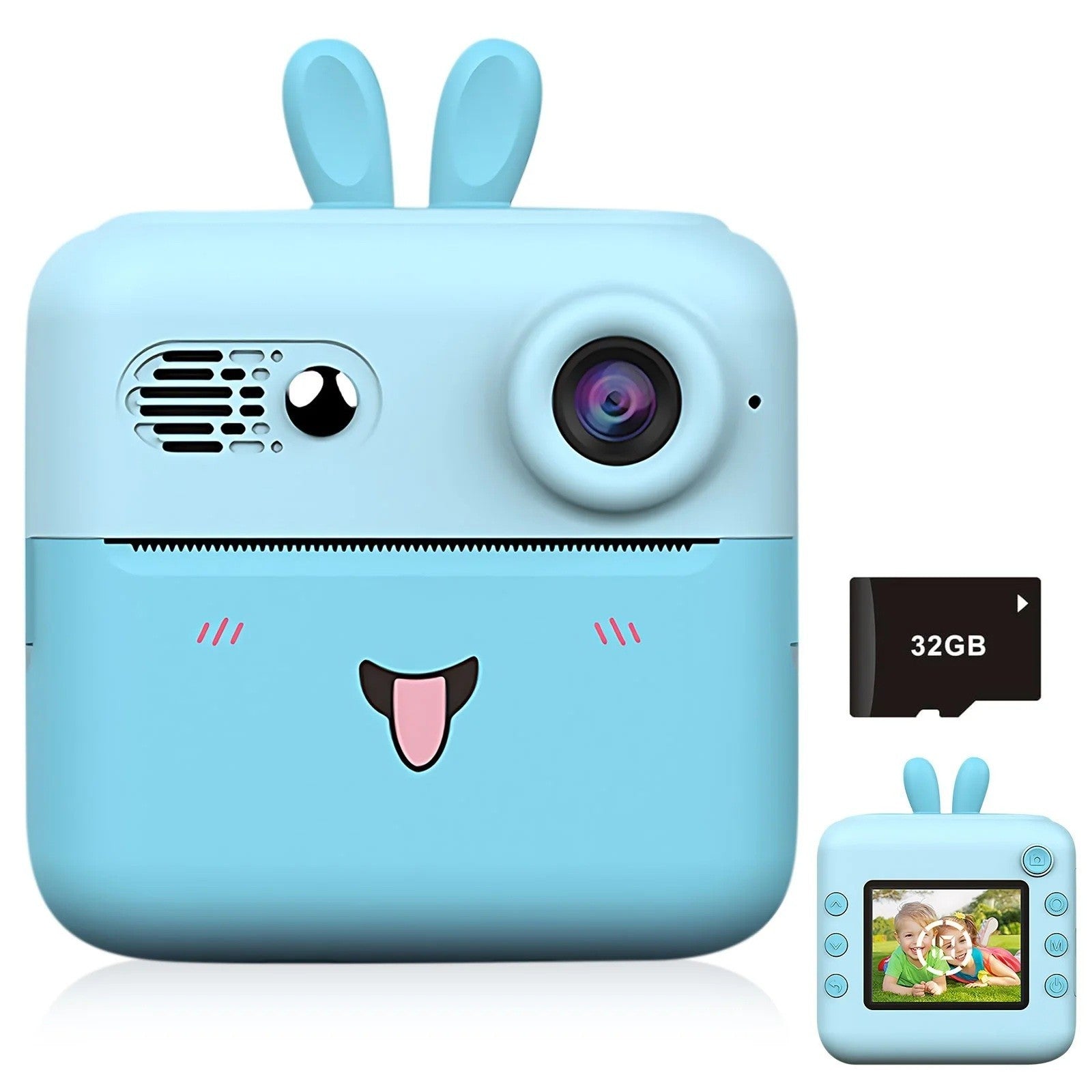Camera Instantanee pentru Copii, Klevo, cu Functie de Printare, Cablu USB-C, Bluetooth, Compatibil iOS/Android, Imprimare APP, Model Iepure, Snur de Agatat Inclus, Albastru