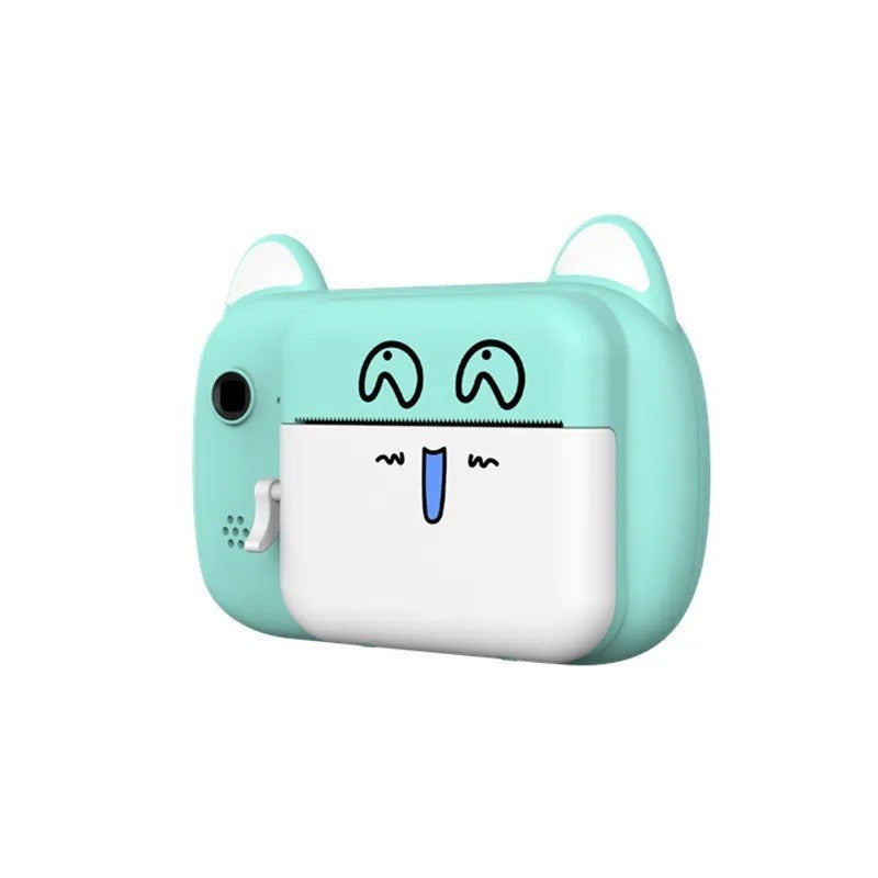 Camera Instantanee pentru Copii, Klevo, Camera Frontala + Selfie, cu Functie de Printare, Cablu USB-C, Bluetooth, Compatibil iOS/Android, Imprimare APP, Model Pisica Smiley Face, Verde