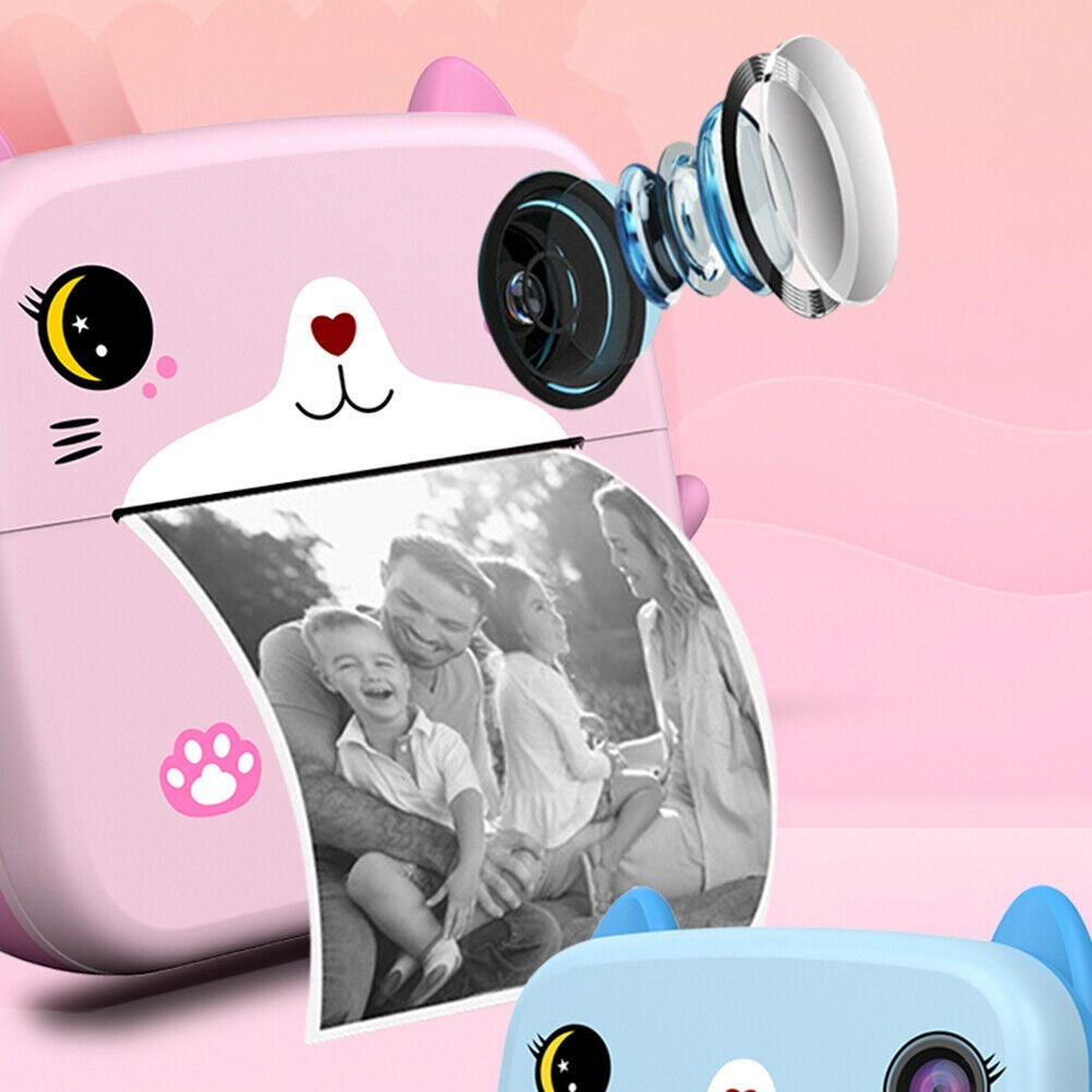 Camera Instantanee pentru Copii, Klevo, cu Functie de Printare, Camera Frontala + Selfie, Cablu USB-C, Bluetooth, Compatibil iOS/Android, Imprimare APP, Model Pisica, Roz