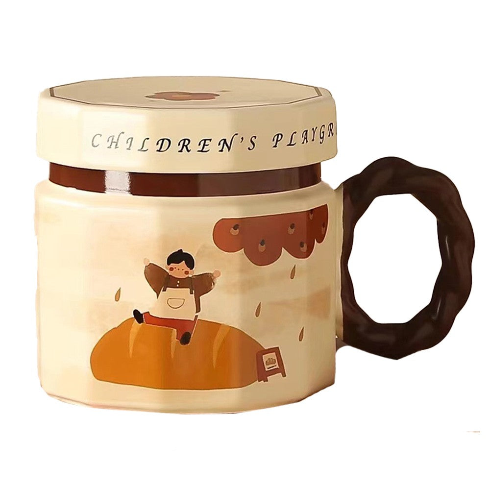 Cana din ceramica, Klevo, Cana pentru Cafea, Ceai, Cana Universala, Unisex, Cana cu Capac, 9 x 8 x 8 cm, 400 ml, Model Baietel Bej