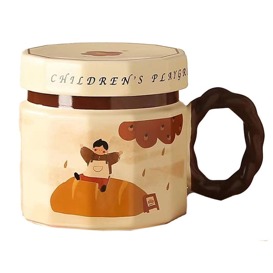 Cana din ceramica, Klevo, Cana pentru Cafea, Ceai, Cana Universala, Unisex, Cana cu Capac, 9 x 8 x 8 cm, 400 ml, Model Baietel Bej