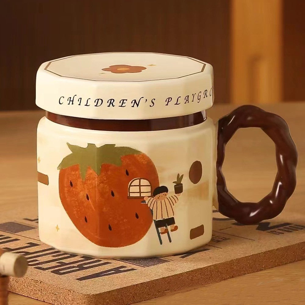 Cana din ceramica, Klevo, Cana pentru Cafea, Ceai, Cana Universala, Unisex, Cana cu Capac, 9 x 8 x 8 cm, 400 ml, Model Capsuna, Bej