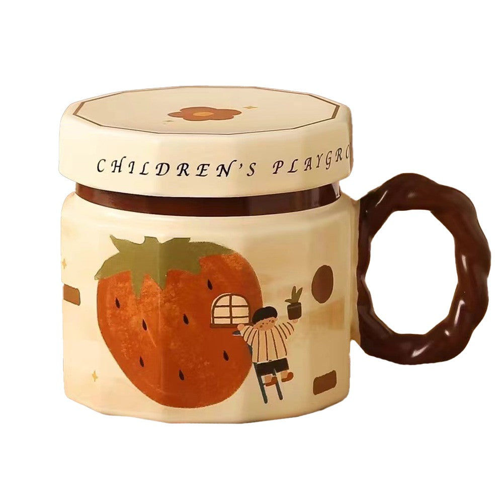 Cana din ceramica, Klevo, Cana pentru Cafea, Ceai, Cana Universala, Unisex, Cana cu Capac, 9 x 8 x 8 cm, 400 ml, Model Capsuna, Bej