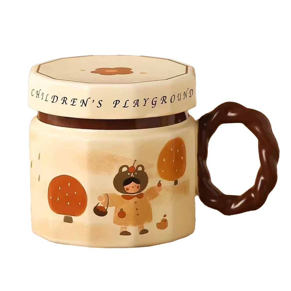 Cana din ceramica, Klevo, Cana pentru Cafea, Ceai, Cana Universala, Unisex, Cana cu Capac, 9 x 8 x 8 cm, 400 ml, Model Fetita, Bej