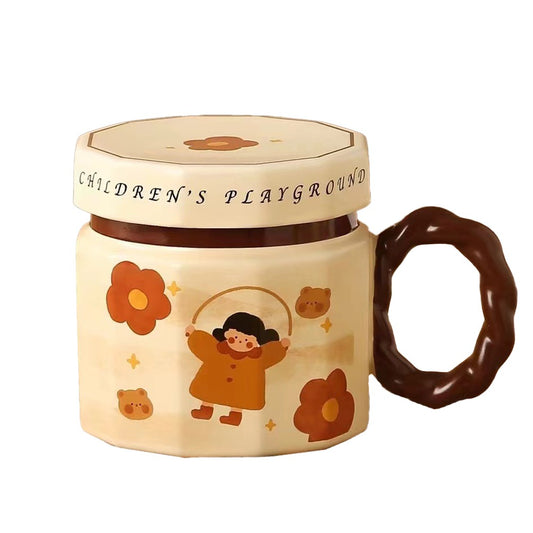 Cana din ceramica, Klevo, Cana pentru Cafea, Ceai, Cana Universala, Unisex, Cana cu Capac, 9 x 8 x 8 cm, 400 ml, Model Fetita cu Coarda, Bej
