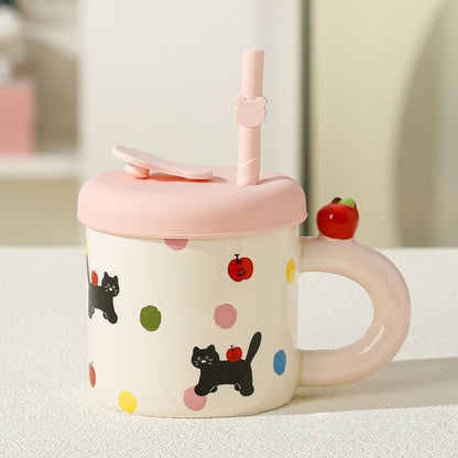 Cana din Ceramica cu Capac si Pai, Klevo, Capacul si Paiul din Silicon Roz, 9x8.5 cm, Model Cute B, Capacitate 380ml