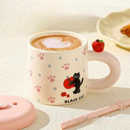 Cana din Ceramica cu Capac si Pai, Klevo, Capacul si Paiul din Silicon Roz, 9x8.5 cm, Model Cute D, Capacitate 380ml