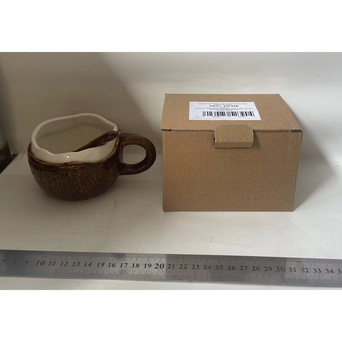 Cana din Ceramica, Klevo, 201-300 ml, cu Lingurita, Model Nuca de Cocos, Maro