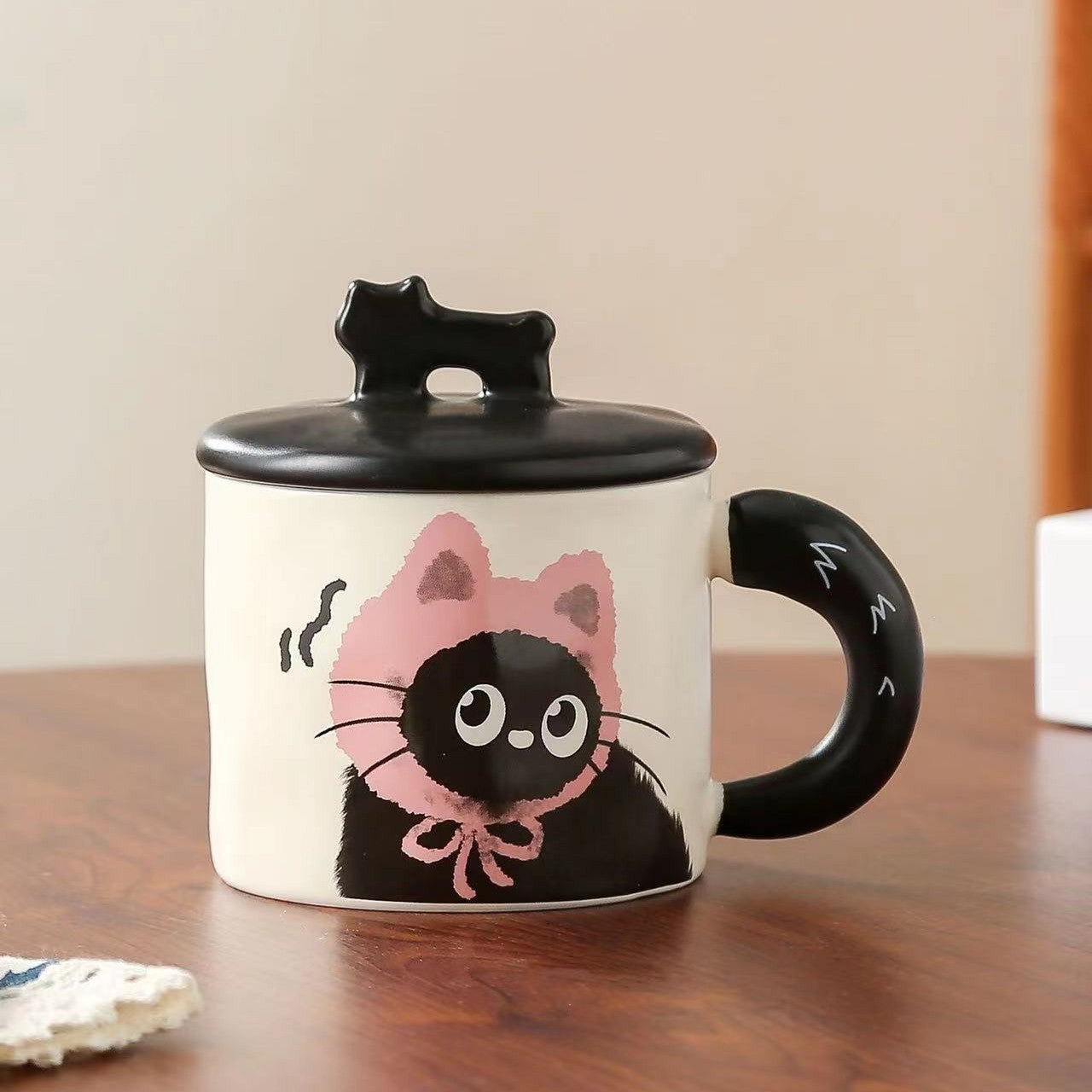 Cana din Ceramica, Klevo, Model in Cutie pentru Cadou, Cana pentru Ceai, Cafea, Cana Retro Design Capac cu Figurina 3D, 9.5 x 8 x 8 cm, 360 ml, Bej, Print Pisica Roz Negru