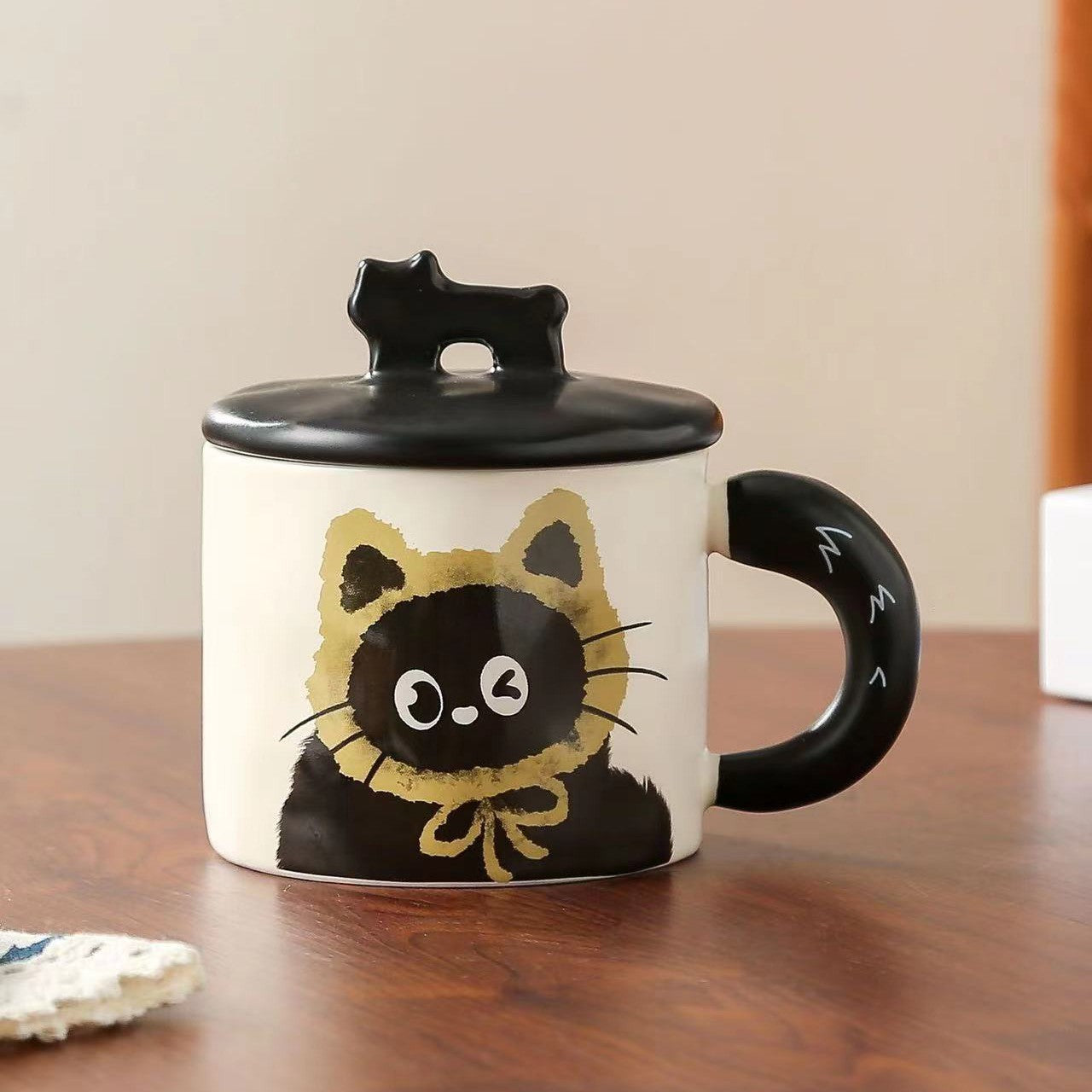 Cana din Ceramica, Klevo, Model in Cutie pentru Cadou, Cana pentru Ceai, Cafea, Cana Retro Design Capac cu Figurina 3D, 9.5 x 8 x 8 cm, 360 ml, Bej, Print Pisica Galben Negru
