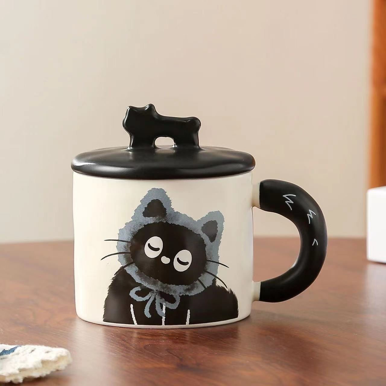 Cana din Ceramica, Klevo, Model in Cutie pentru Cadou, Cana pentru Ceai, Cafea, Cana Retro Design Capac cu Figurina 3D, 9.5 x 8 x 8 cm, 360 ml, Bej, Print Pisica Albastru Negru