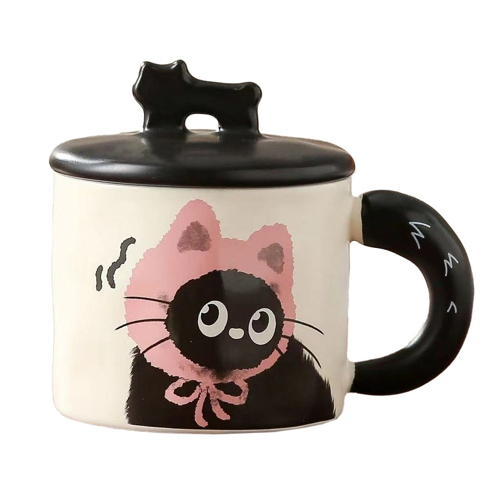 Cana din Ceramica, Klevo, Model in Cutie pentru Cadou, Cana pentru Ceai, Cafea, Cana Retro Design Capac cu Figurina 3D, 9.5 x 8 x 8 cm, 360 ml, Bej, Print Pisica Roz Negru