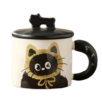 Cana din Ceramica, Klevo, Model in Cutie pentru Cadou, Cana pentru Ceai, Cafea, Cana Retro Design Capac cu Figurina 3D, 9.5 x 8 x 8 cm, 360 ml, Bej, Print Pisica Galben Negru