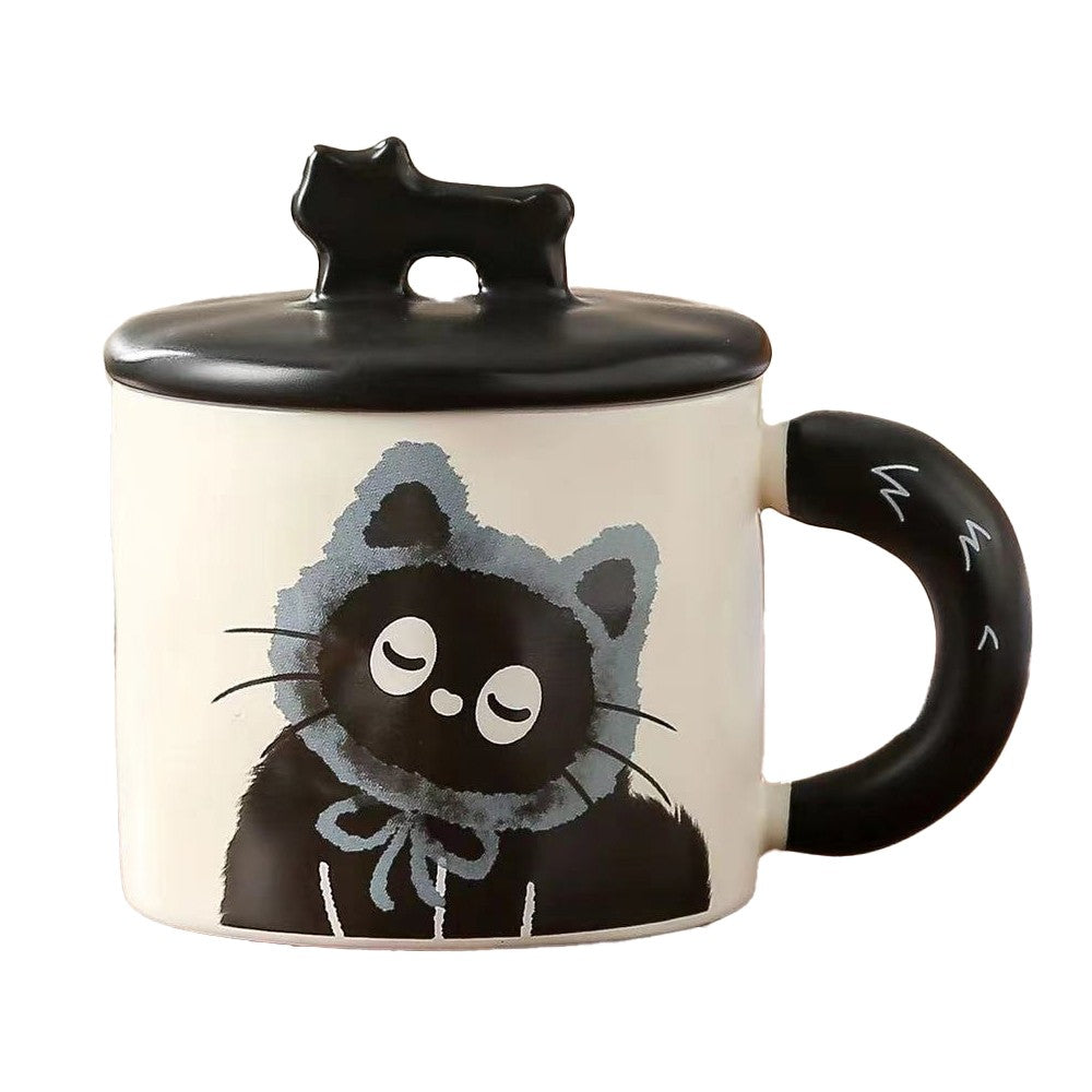 Cana din Ceramica, Klevo, Model in Cutie pentru Cadou, Cana pentru Ceai, Cafea, Cana Retro Design Capac cu Figurina 3D, 9.5 x 8 x 8 cm, 360 ml, Bej, Print Pisica Albastru Negru