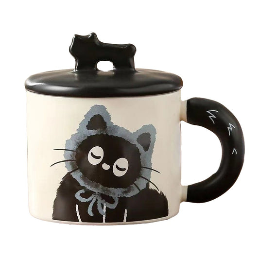Cana din Ceramica, Klevo, Model in Cutie pentru Cadou, Cana pentru Ceai, Cafea, Cana Retro Design Capac cu Figurina 3D, 9.5 x 8 x 8 cm, 360 ml, Bej, Print Pisica Albastru Negru