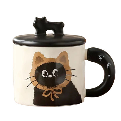 Cana din Ceramica, Klevo, Model in Cutie pentru Cadou, Cana pentru Ceai, Cafea, Cana Retro Design Capac cu Figurina 3D, 9.5 x 8 x 8 cm, 360 ml, Bej, Print Pisica Maro Negru