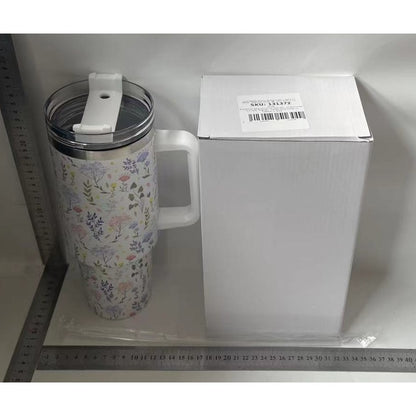 Cana Termos din Plastic, Klevo, pentru Bauturi Calde si Reci, cu Maner, Imprimeu Floral,  Alb, 10x7.6x27.5 cm