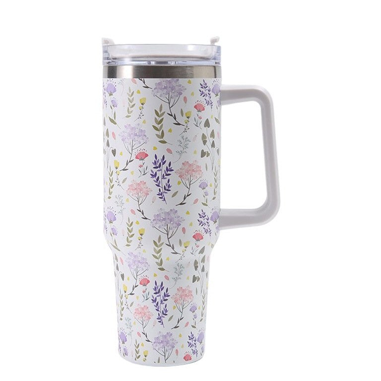Cana Termos din Plastic, Klevo, pentru Bauturi Calde si Reci, cu Maner, Imprimeu Floral,  Alb, 10x7.6x27.5 cm