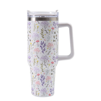 Cana Termos din Plastic, Klevo, pentru Bauturi Calde si Reci, cu Maner, Imprimeu Floral,  Alb, 10x7.6x27.5 cm