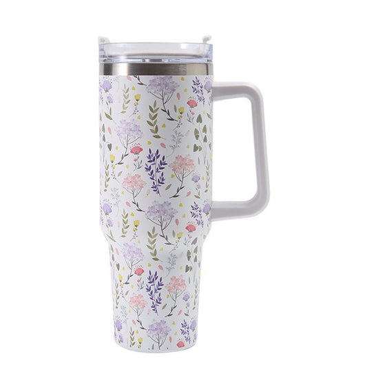Cana Termos din Plastic, Klevo, pentru Bauturi Calde si Reci, cu Maner, Imprimeu Floral,  Alb, 10x7.6x27.5 cm
