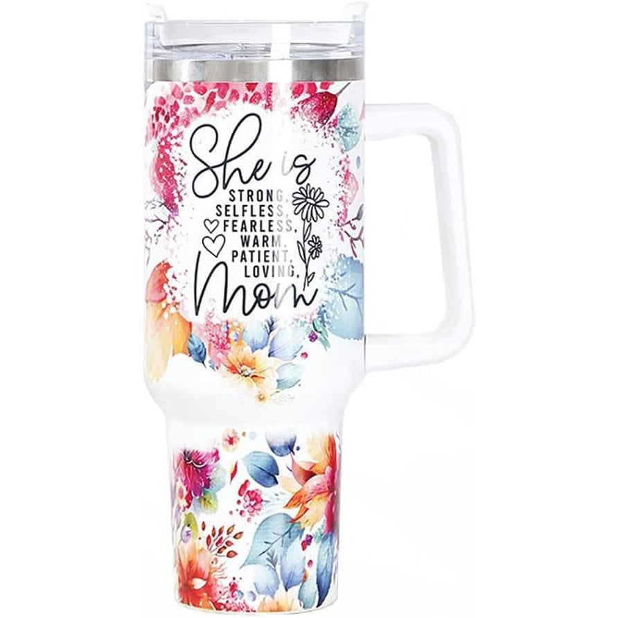 Cana Termos din Plastic, Klevo, pentru Bauturi Calde si Reci, cu Maner, Imprimeu Floral, cu Mesaj pentru Mama, Alb, 10x7.6x27.5 cm