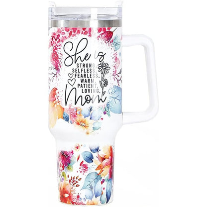 Cana Termos din Plastic, Klevo, pentru Bauturi Calde si Reci, cu Maner, Imprimeu Floral, cu Mesaj pentru Mama, Alb, 10x7.6x27.5 cm