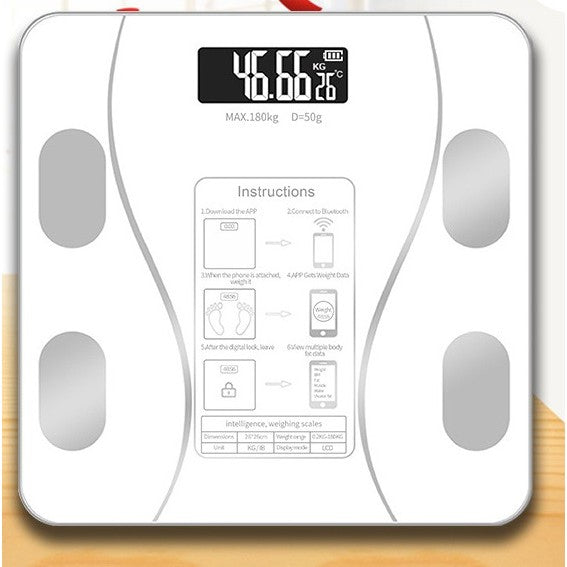 Cantar Electronic Inteligent De Baie Klevo Cu Aplicatie Smart, Corporal, Ecran Digital Iluminat, Termometru, Suporta Maxim 180 Kg, 26 x 26 cm, Baterii, Alb
