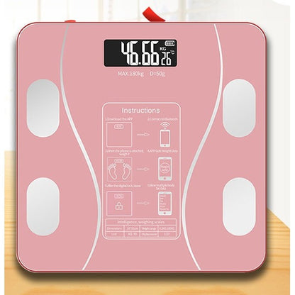 Cantar Electronic Inteligent De Baie Klevo Cu Aplicatie Smart, Corporal, Ecran Digital Iluminat, Termometru, Suporta Maxim 180 Kg, 26 x 26 cm, Baterii, Roz